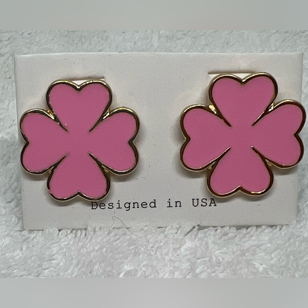Pink Enamel Gold Tone Rimmed Four Leaf Clover Post Earrings NWT